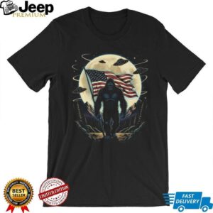 Patriotic Bigfoot American Flag T Shirt Sasquatch & UFO Moon Graphic Tee