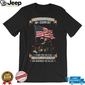 Patriotic Veteran Kneeling at Cross American Flag Memorial T Shirt