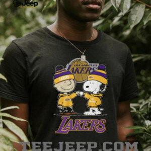 Peanuts Snoopy and Charlie Brown Lakers Fist Bump Sports T Shirt Peanuts Snoopy and Charlie Brown Lakers Fist Bump Sports T Shirt