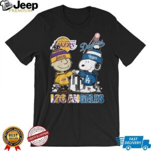 Peanuts Snoopy and Charlie Brown Los Angeles Lakers and Dodgers Fist Bump T Shirt
