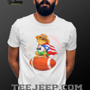 Puerto Rico Flag Frog Wearing Straw Hat on Football Sports Mascot Tee Puerto Rico Flag Frog Wearing Straw Hat on Football Sports Mascot Tee