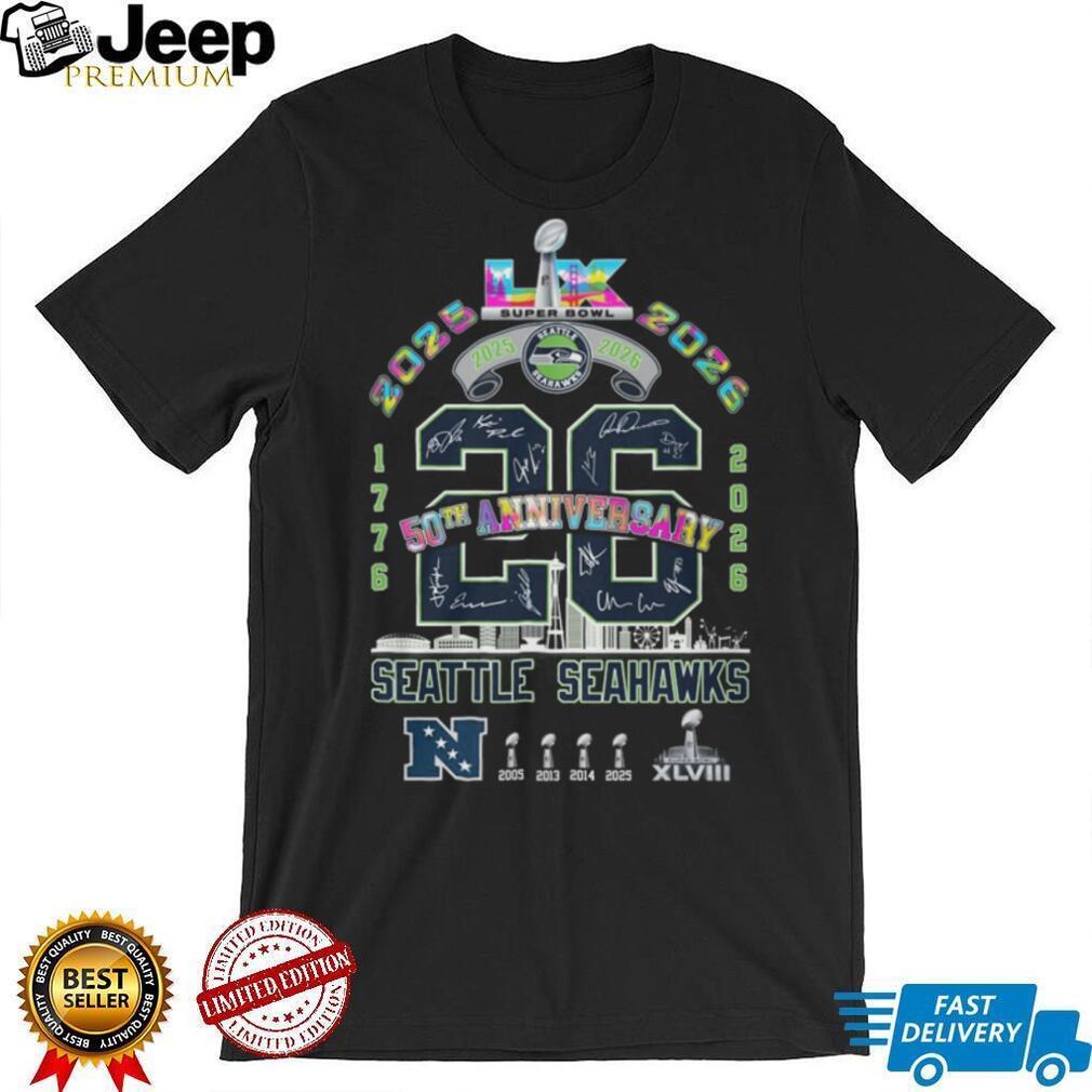 Seattle Seahawks 50th Anniversary Super Bowl LX 2026 Commemorative T Shirt Seattle Seahawks 50th Anniversary Super Bowl LX 2026 Commemorative T Shirt