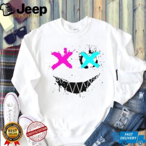Streetwear Pink and Blue Cross Eye Graffiti Smiley Face White T Shirt
