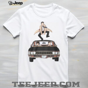 Supernatural Castiel Jumping Over Impala Fan Art White T Shirt Supernatural Castiel Jumping Over Impala Fan Art White T Shirt