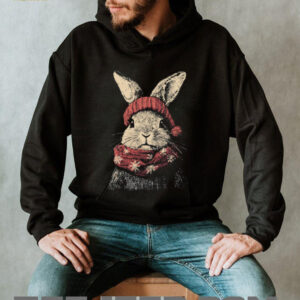 Winter Bunny Rabbit in Red Knit Hat and Snowflake Scarf Tee Winter Bunny Rabbit in Red Knit Hat and Snowflake Scarf Tee