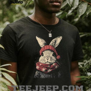 Winter Bunny Rabbit in Red Knit Hat and Snowflake Scarf Tee