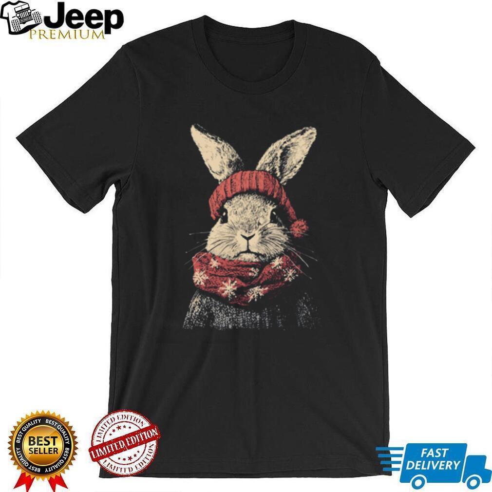 Winter Bunny Rabbit in Red Knit Hat and Snowflake Scarf Tee Winter Bunny Rabbit in Red Knit Hat and Snowflake Scarf Tee