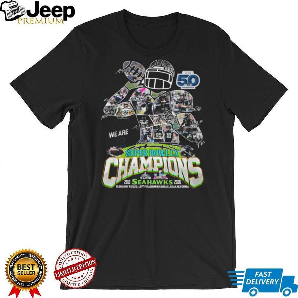 Seattle Seahawks Super Bowl LX Champions Signature Player Collage Shirt Seattle Seahawks Super Bowl LX Champions Signature Player Collage Shirt