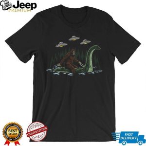 Bigfoot Riding Loch Ness Monster with UFOs Fantasy T Shirt Bigfoot Riding Loch Ness Monster with UFOs Fantasy T Shirt