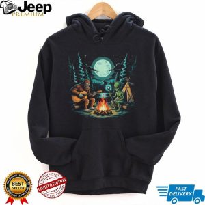 Bigfoot and Alien Camping Campfire Guitar Night Forest T Shirt