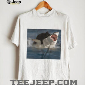 Black Cat Riding Great White Shark Funny Graphic T Shirt