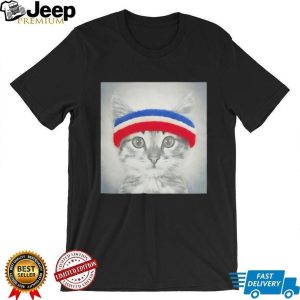 Cute Fitness Cat with Red White and Blue Sweatband Graphic T Shirt