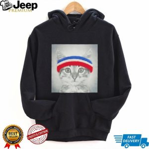 Cute Fitness Cat with Red White and Blue Sweatband Graphic T Shirt