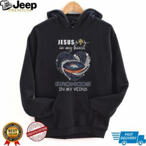 Denver Broncos In My Veins Jesus In My Heart Glitter Heart T Shirt
