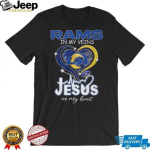 LA Rams In My Veins Jesus In My Heart Heartbeat Graphic T Shirt LA Rams In My Veins Jesus In My Heart Heartbeat Graphic T Shirt