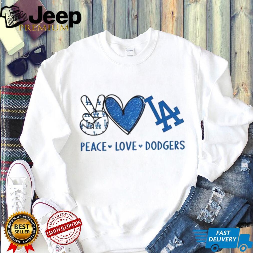 Los Angeles Dodgers Peace Love Dodgers MLB Baseball Blue Sparkle T Shirt Los Angeles Dodgers Peace Love Dodgers MLB Baseball Blue Sparkle T Shirt