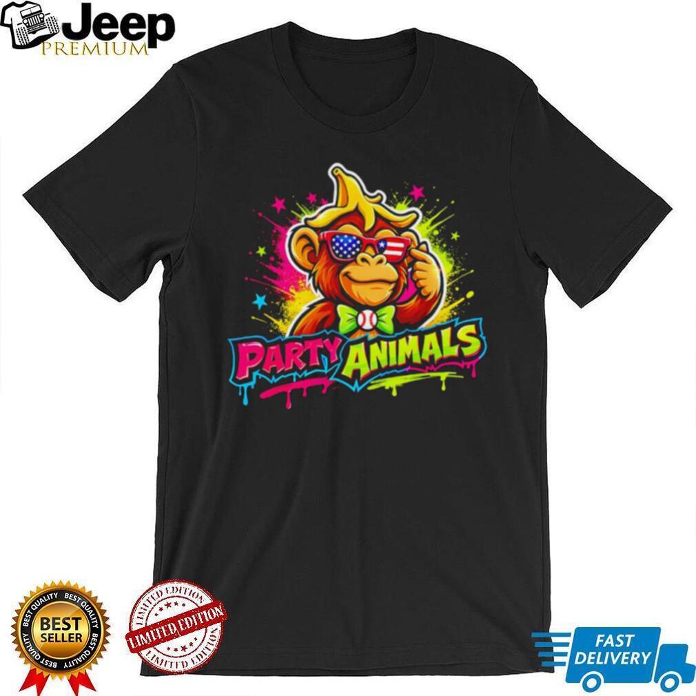 Party Animals Gorilla Sunglasses USA Flag Bowtie Neon Graphic T Shirt Party Animals Gorilla Sunglasses USA Flag Bowtie Neon Graphic T Shirt
