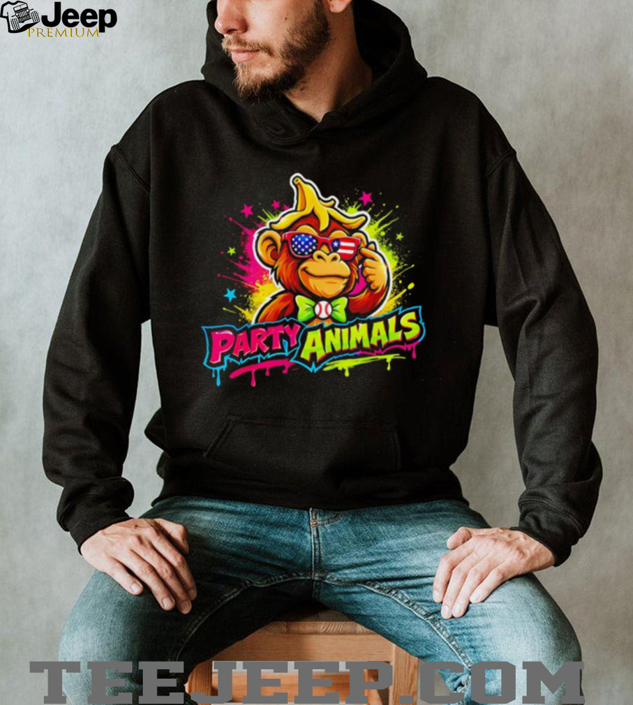 Party Animals Gorilla Sunglasses USA Flag Bowtie Neon Graphic T Shirt Party Animals Gorilla Sunglasses USA Flag Bowtie Neon Graphic T Shirt