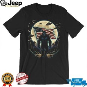 Patriotic Bigfoot Holding American Flag with UFOs Moon T Shirt Patriotic Bigfoot Holding American Flag with UFOs Moon T Shirt