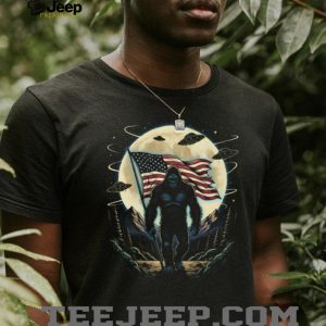 Patriotic Bigfoot Holding American Flag with UFOs Moon T Shirt