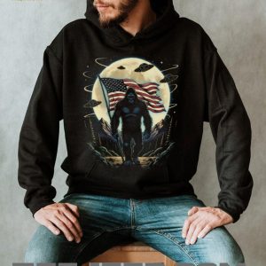 Patriotic Bigfoot Holding American Flag with UFOs Moon T Shirt