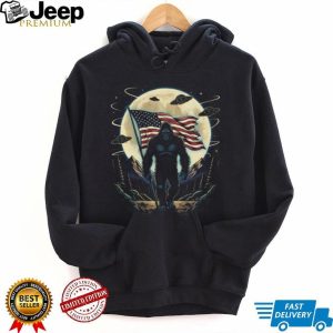Patriotic Bigfoot Holding American Flag with UFOs Moon T Shirt