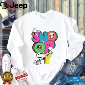 Retro Snoopy Multi Color Block Lettering Graphic T Shirt