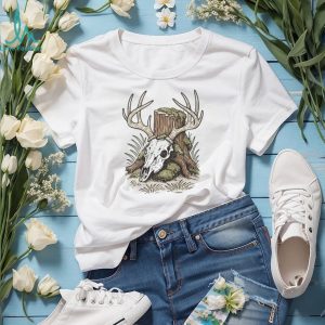Mossy Deer Skull Antlers Forest Stump Hunting Graphic T shirt