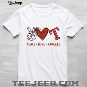 Texas Rangers Peace Love Rangers Baseball Red Glitter Logo T Shirt
