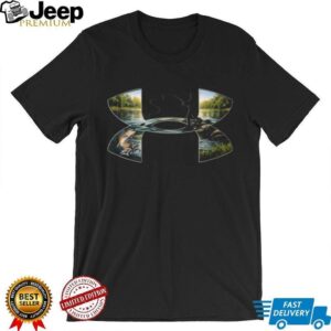 Under Armour Style Fishing T Shirt Fisherman Scene and Jumping Trout Design