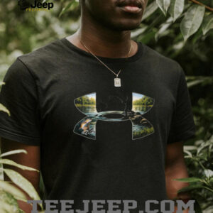 Under Armour Style Fishing T Shirt Fisherman Scene and Jumping Trout Design