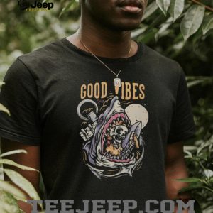 “Good Vibes Only” Surfing Skeleton Shark Jaw Nautical Art T shirt