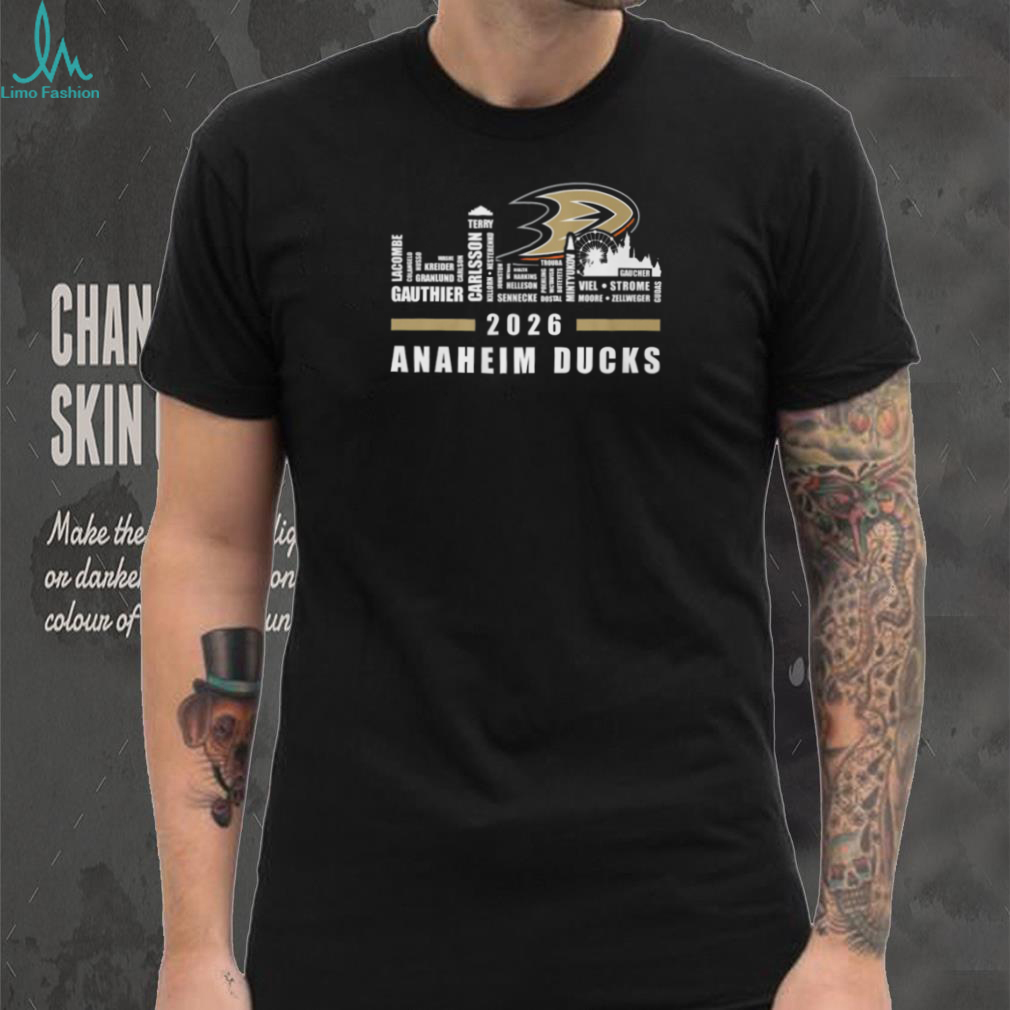 Anaheim Ducks 2026 Player Names Skyline Silhouette Orange Black Hockey Fan T Shirt Anaheim Ducks 2026 Player Names Skyline Silhouette Orange Black Hockey Fan T Shirt