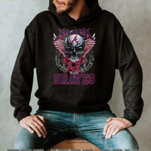 Atlanta Braves Red Letter Logo Skull Pink Wings And Heavy Metal Chains T Shirt