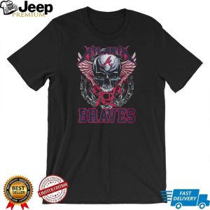 Atlanta Braves Red Letter Logo Skull Pink Wings And Heavy Metal Chains T Shirt