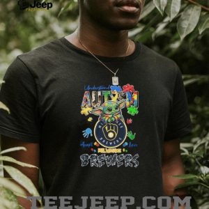 Baby Yoda Grogu Holding Milwaukee Brewers Logo Autism Awareness Colorful Puzzle T Shirt