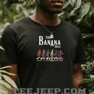 Banana Ball Mascot Characters Walking Abbey Road Style Baseball Teams Black T Shirt