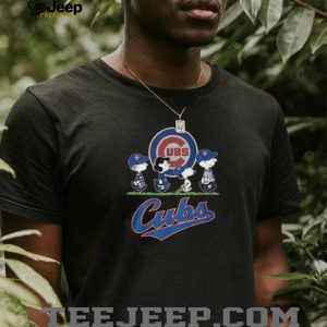 Chicago Cubs Peanuts Characters Charlie Brown Snoopy Walking Under Blue Logo T Shirt