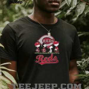 Cincinnati Reds Peanuts Characters Charlie Brown Snoopy Walking On Grass Baseball T Shirt