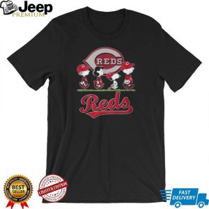 Cincinnati Reds Peanuts Characters Charlie Brown Snoopy Walking On Grass Baseball T Shirt