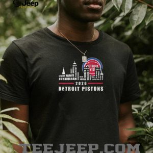 Detroit Pistons 2026 Basketball Team Players Names Skyline Logo Red Blue T Shirt