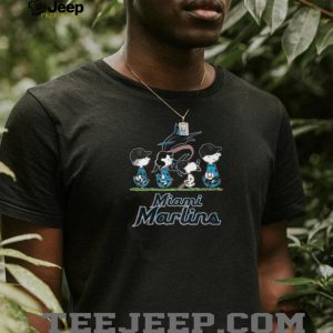 Miami Marlins Peanuts Characters Snoopy Charlie Brown Walking Baseball Field Logo T Shirt