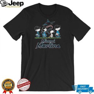 Miami Marlins Peanuts Characters Snoopy Charlie Brown Walking Baseball Field Logo T Shirt