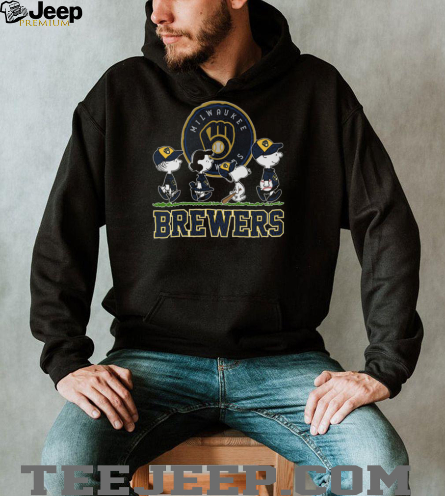 Milwaukee Brewers Peanuts Snoopy Charlie Brown Lucy Walking Baseball Black Sweatshirt T Shirt Milwaukee Brewers Peanuts Snoopy Charlie Brown Lucy Walking Baseball Black Sweatshirt T Shirt