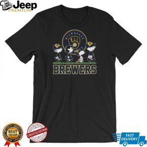 Milwaukee Brewers Peanuts Snoopy Charlie Brown Lucy Walking Baseball Black Sweatshirt T Shirt