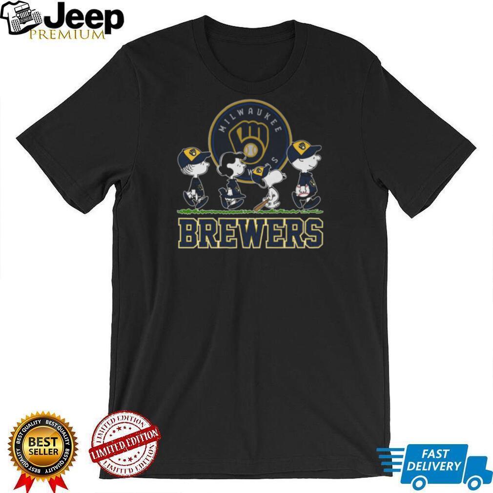 Milwaukee Brewers Peanuts Snoopy Charlie Brown Lucy Walking Baseball Black Sweatshirt T Shirt Milwaukee Brewers Peanuts Snoopy Charlie Brown Lucy Walking Baseball Black Sweatshirt T Shirt