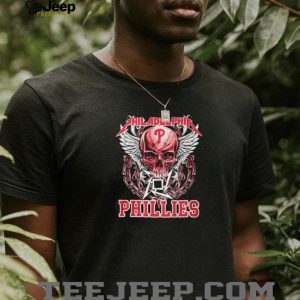 Philadelphia Phillies Red Skull With White Wings And Heavy Metal Chains T Shirt
