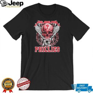 Philadelphia Phillies Red Skull With White Wings And Heavy Metal Chains T Shirt