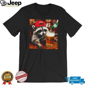 Raccoon Wearing USA Red Hat Drinking Beer Bar Scene T Shirt