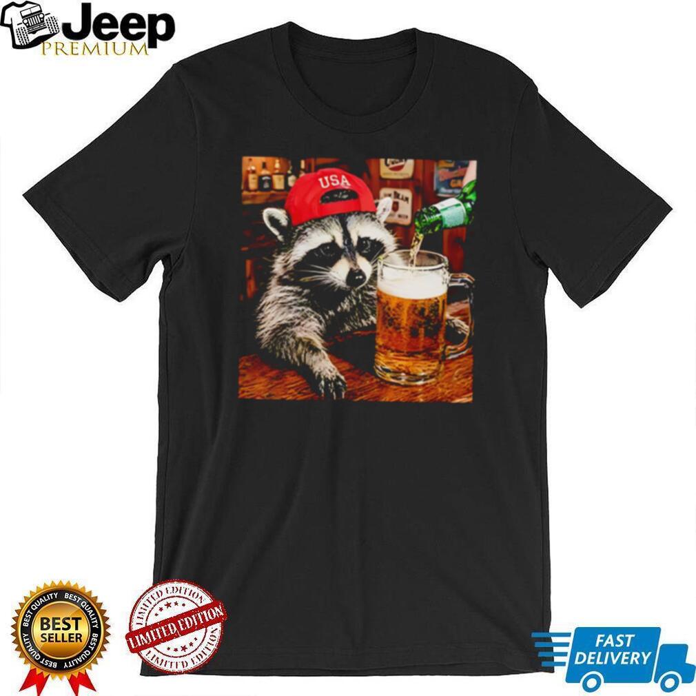 Raccoon Wearing USA Red Hat Drinking Beer Bar Scene T Shirt Raccoon Wearing USA Red Hat Drinking Beer Bar Scene T Shirt